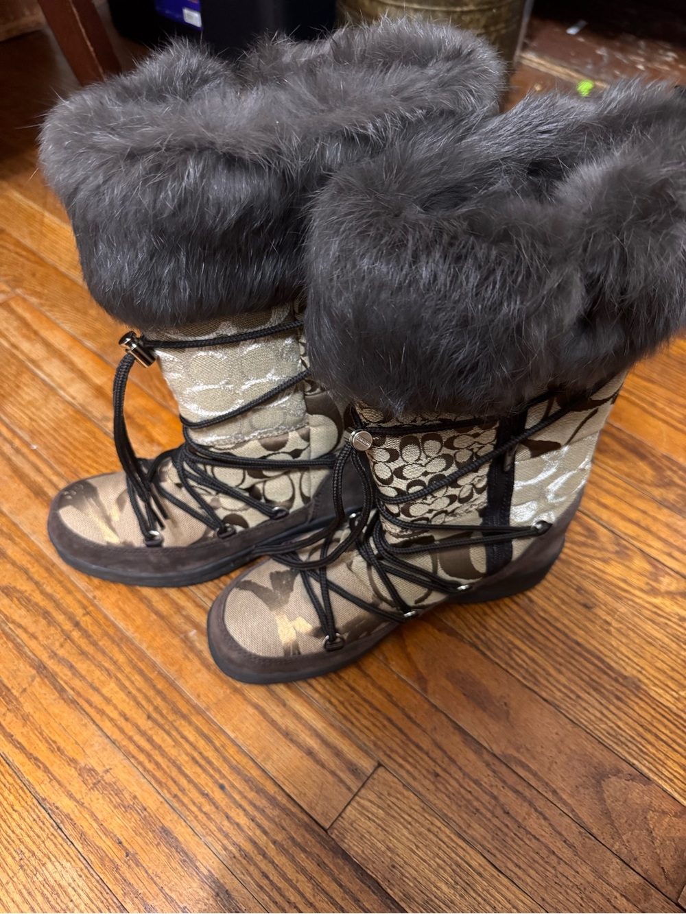 Coach Tan Khaki Signature Winter Boots with Dark Gray Faux Fur Cuff